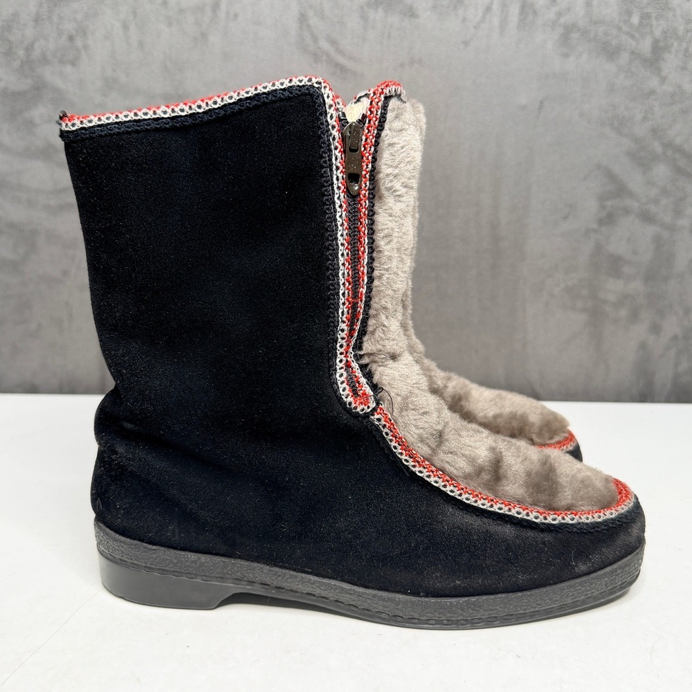 Vtg Yodelers Winter Boots Women 6.5 Black Leather Faux Fur Trimmed Side Zip